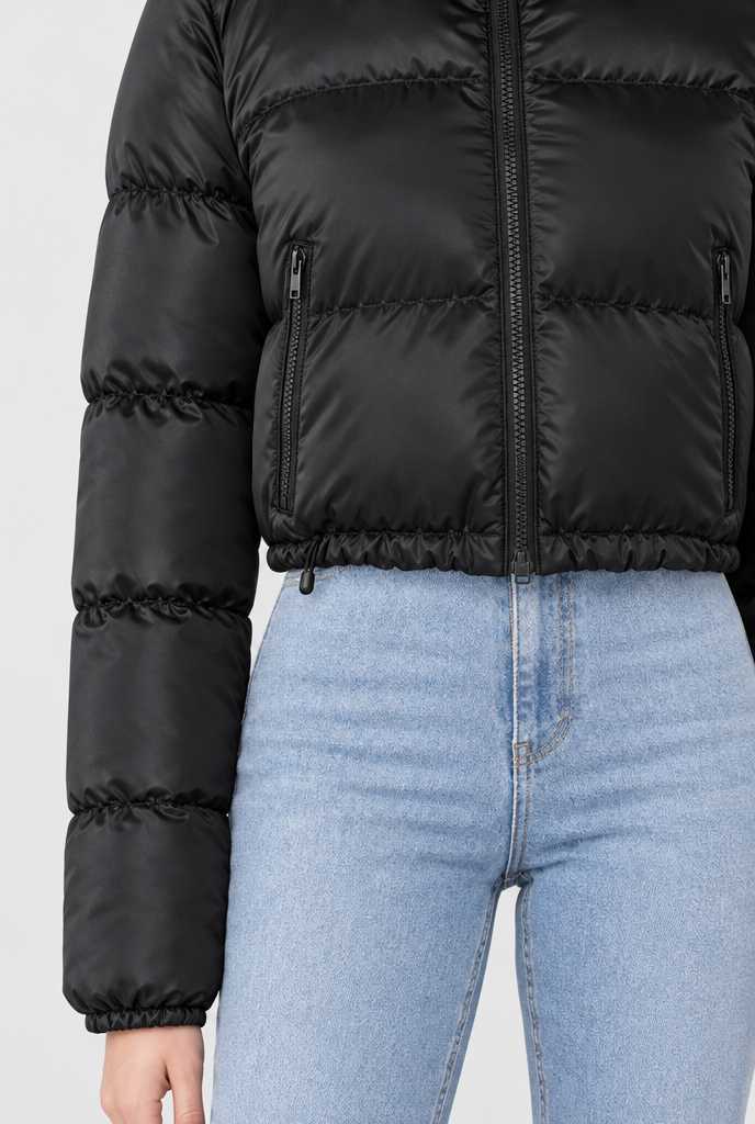 Black cropped puffer jacket, detail