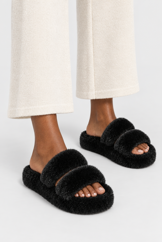 Mules en fausse fourrure à double bride — Noir — photo principale