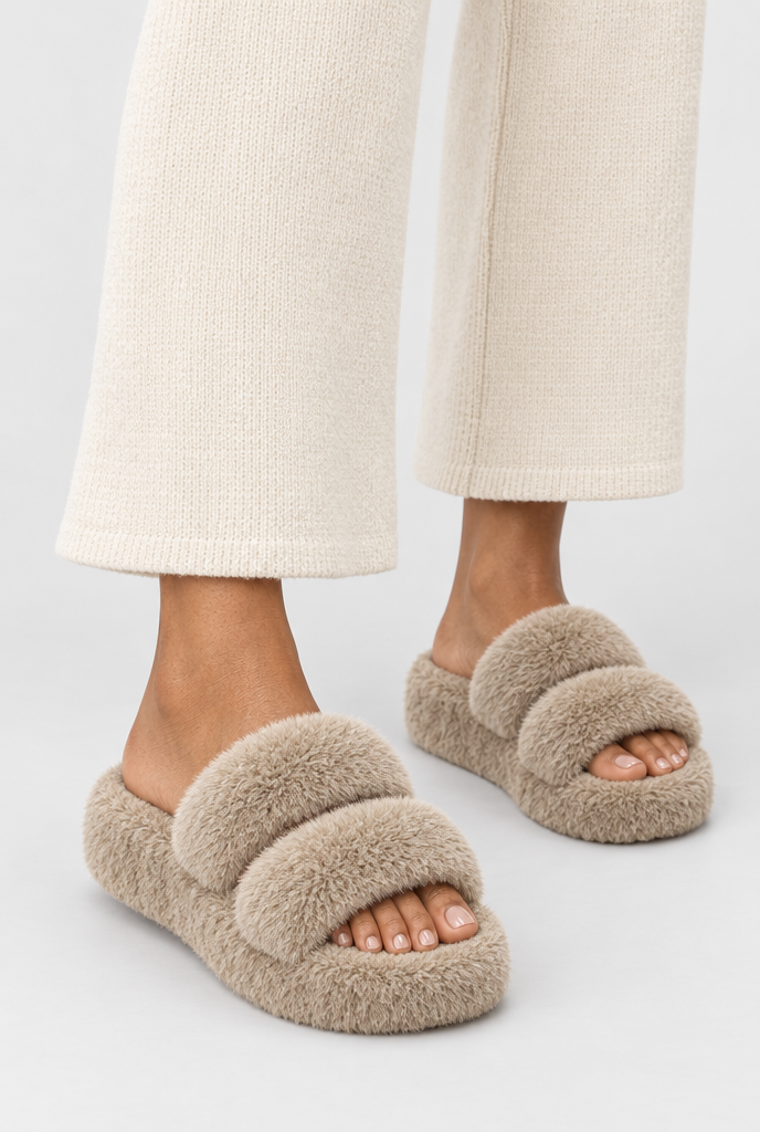 Mules en fausse fourrure à double bride — Taupe — photo principale