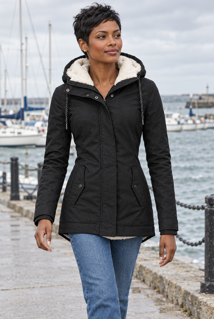 Parka utilitaire à capuche doublée sherpa — Noir — en situation