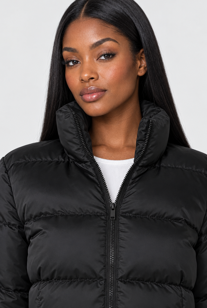 Black cropped puffer jacket, collar