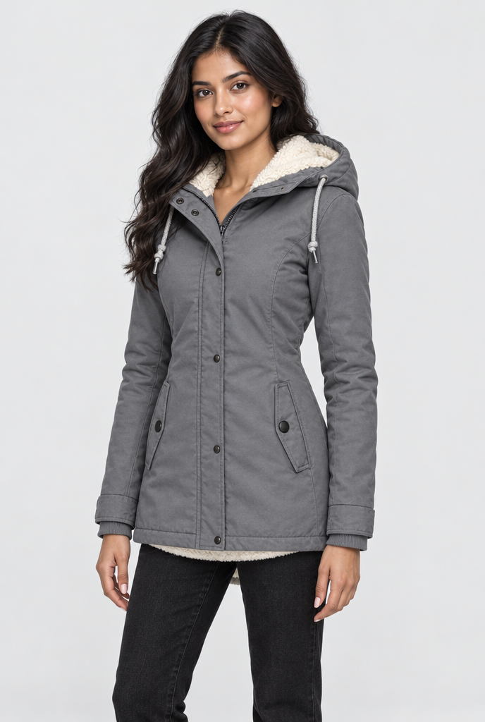 Slate Grey sherpa-lined hooded utility parka, studio hero