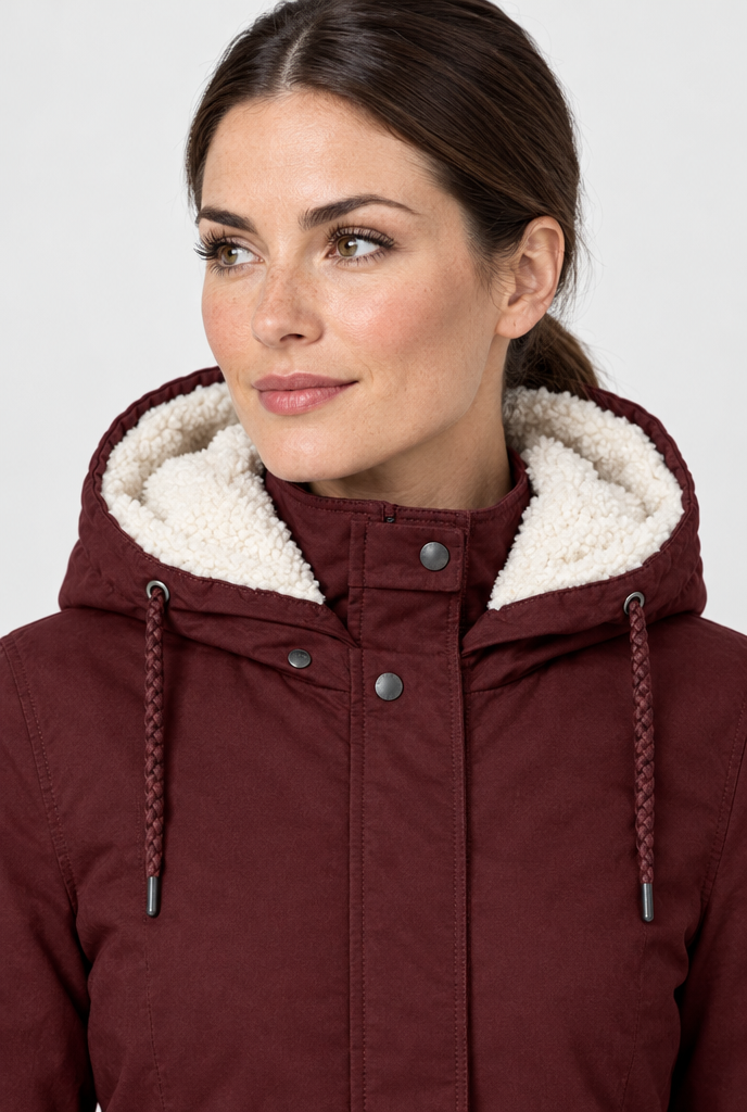 Burgundy sherpa-lined hooded utility parka, sherpa hood close-up