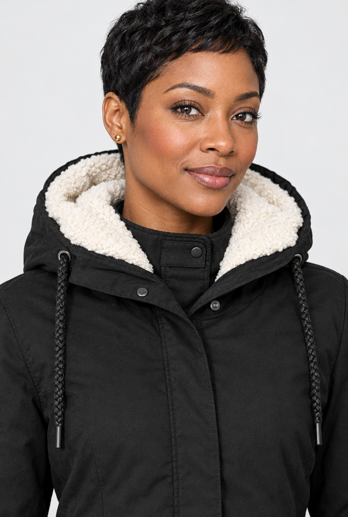 Parka utilitaire à capuche doublée sherpa — Noir — gros plan