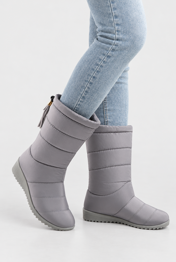 Silver Grey quilted puffer snow boots, on-feet hero