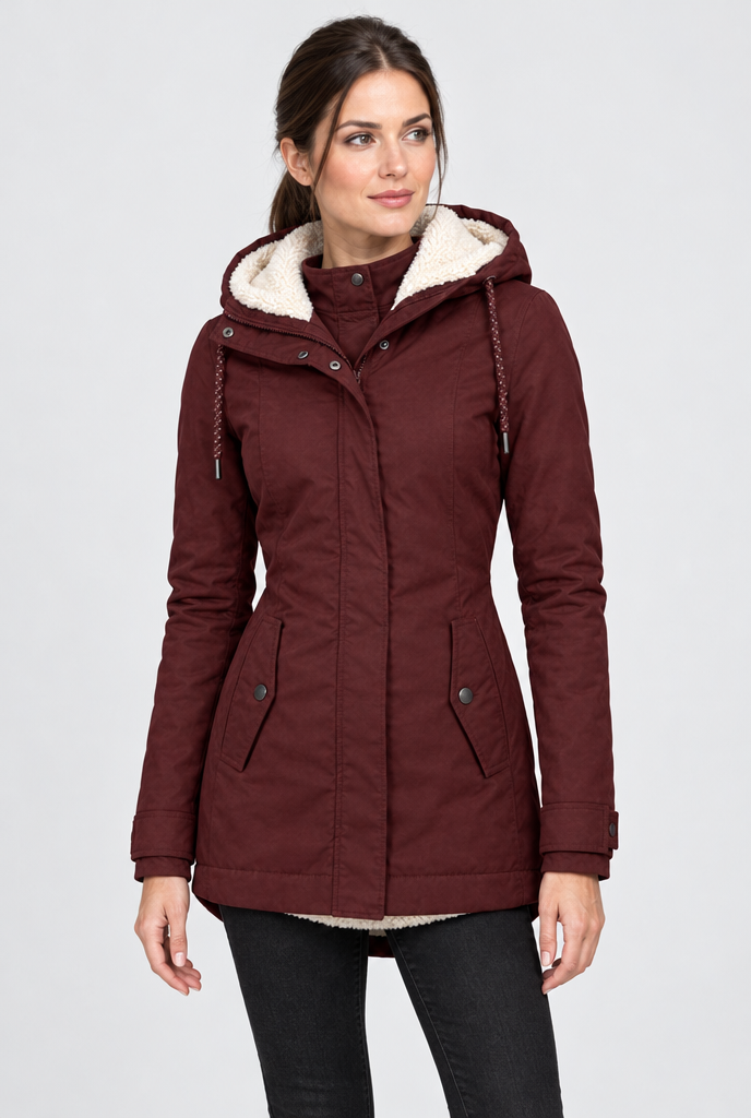 Burgundy sherpa-lined hooded utility parka, studio hero