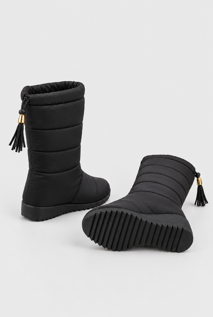 Black quilted puffer snow boots, back and sole
