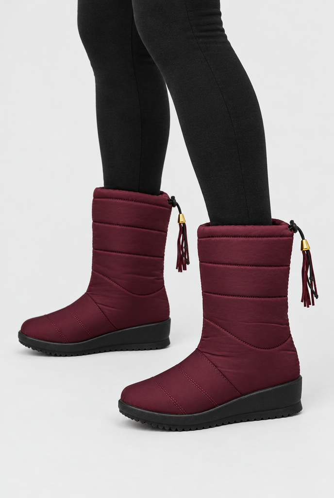 Burgundy quilted puffer snow boots, on-feet hero
