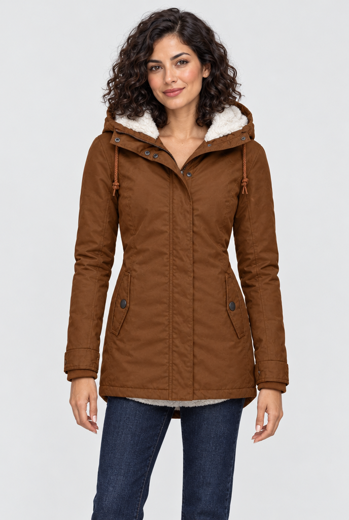 Cognac sherpa-lined hooded utility parka, studio hero
