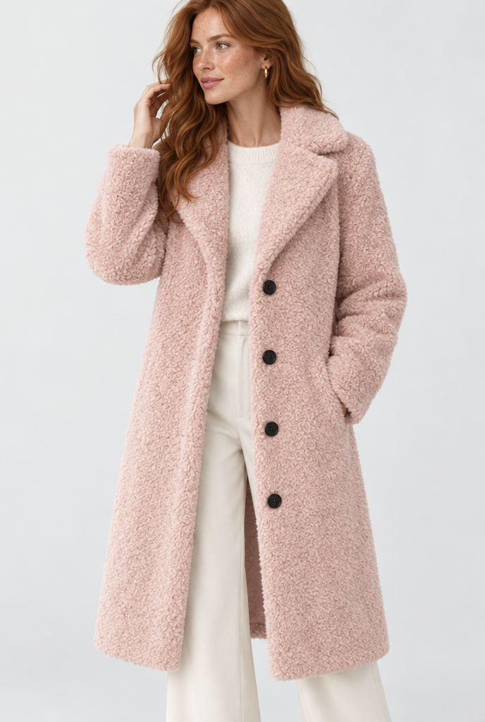 Blush Pink long teddy coat, studio hero