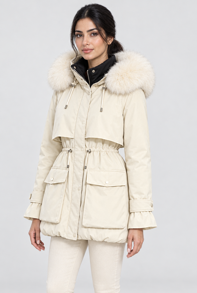 Ivory faux fur hood cinched-waist padded parka, studio hero