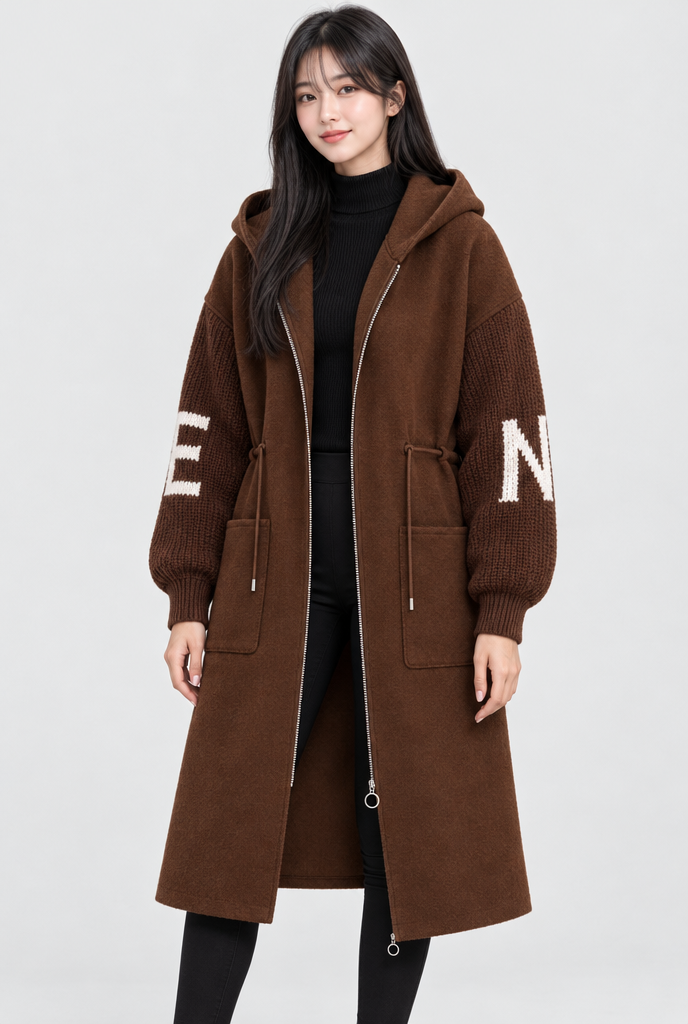 Manteau long zippé à capuche, manches en grosse maille — Chocolat — photo studio
