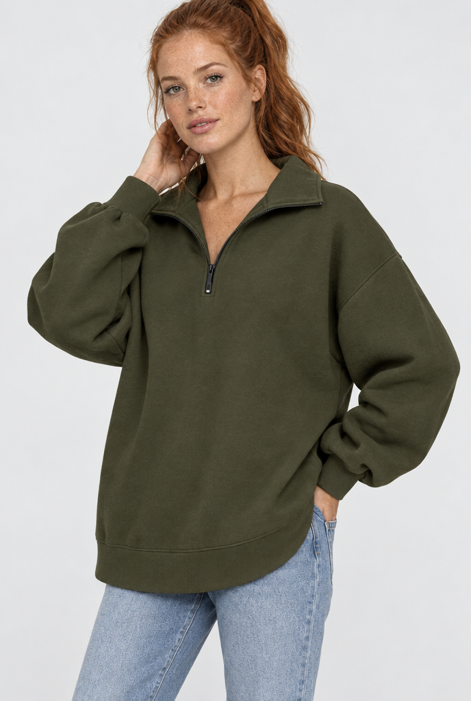 Sweat oversize à col demi-zip — Olive — photo studio