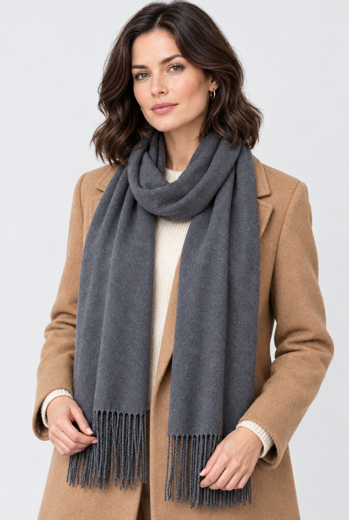 Charcoal fringe pashmina scarf, worn