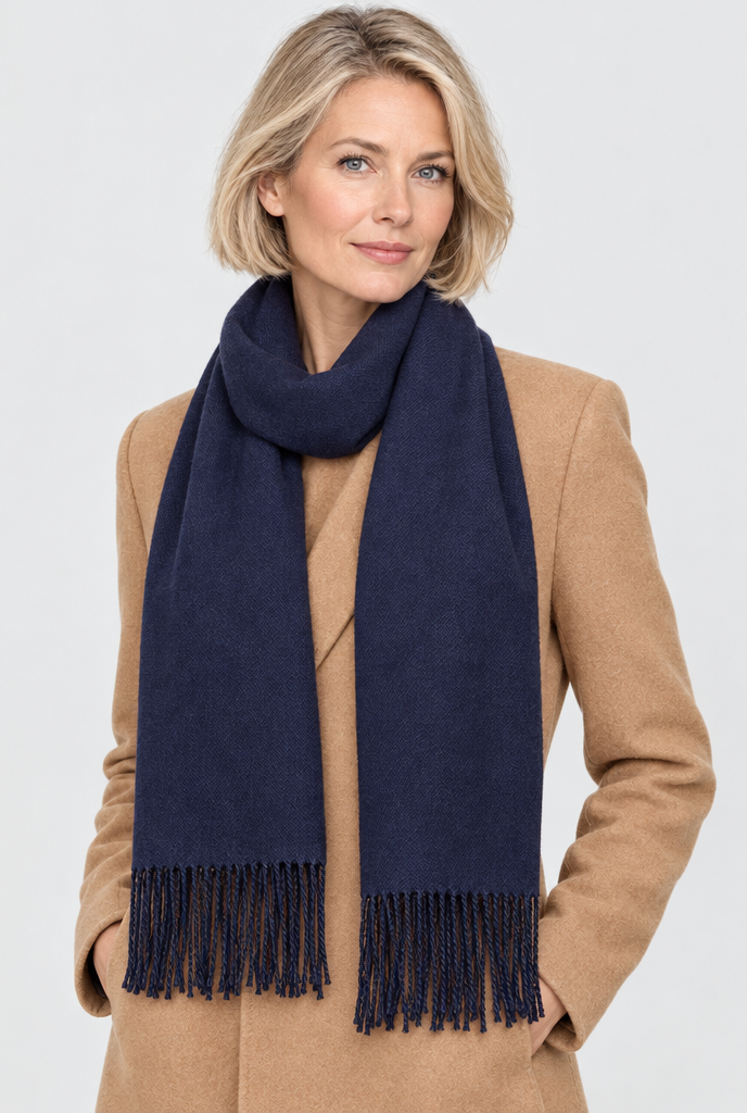 Navy fringe pashmina scarf, worn