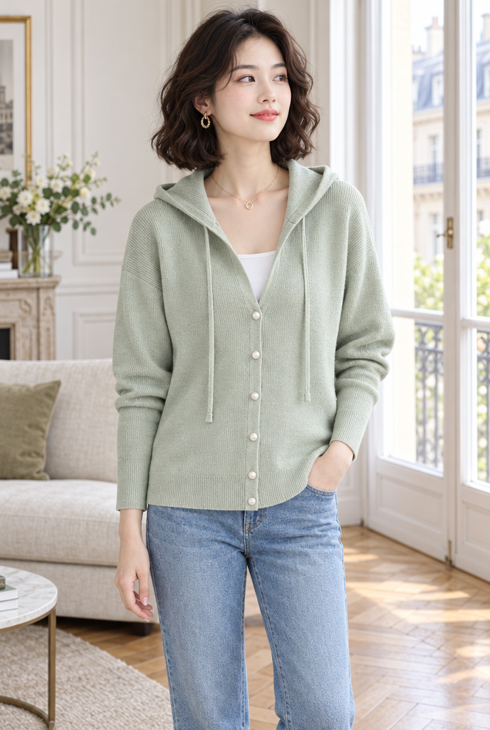 Sage hooded knit cardigan, lifestyle