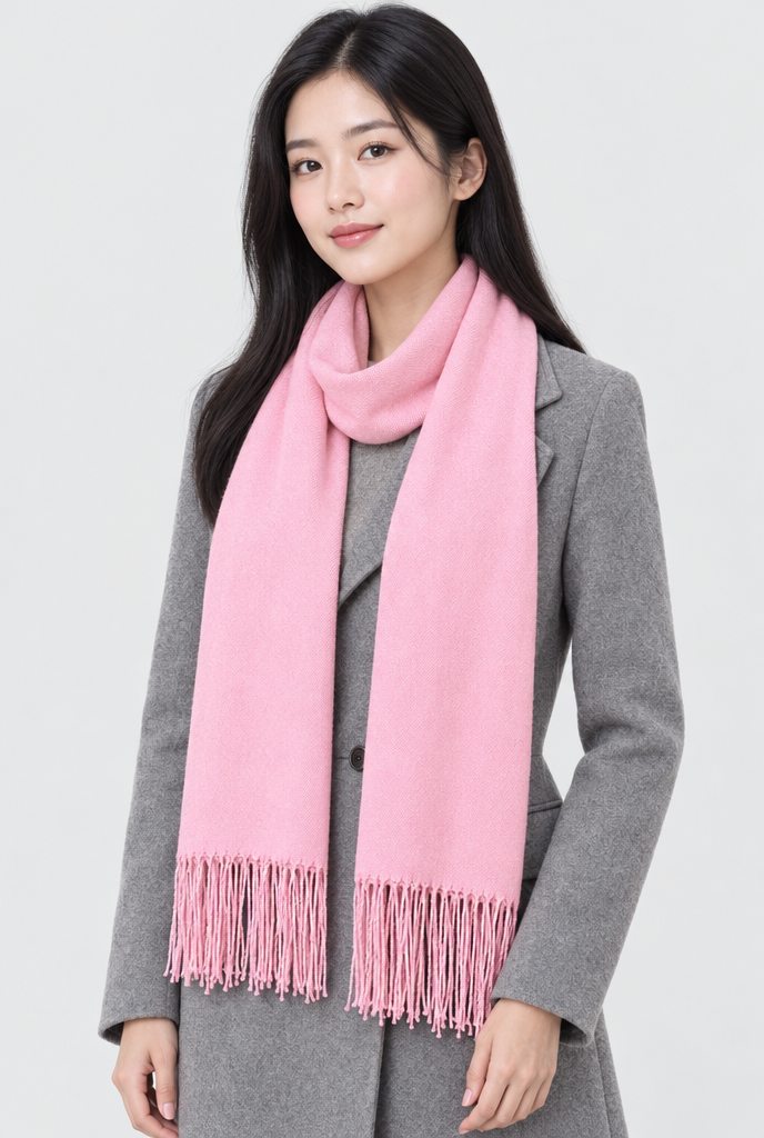 Blush Pink fringe pashmina scarf, worn