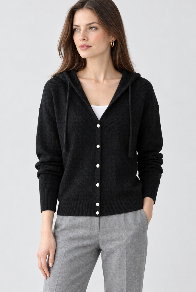 Black hooded knit cardigan, hero