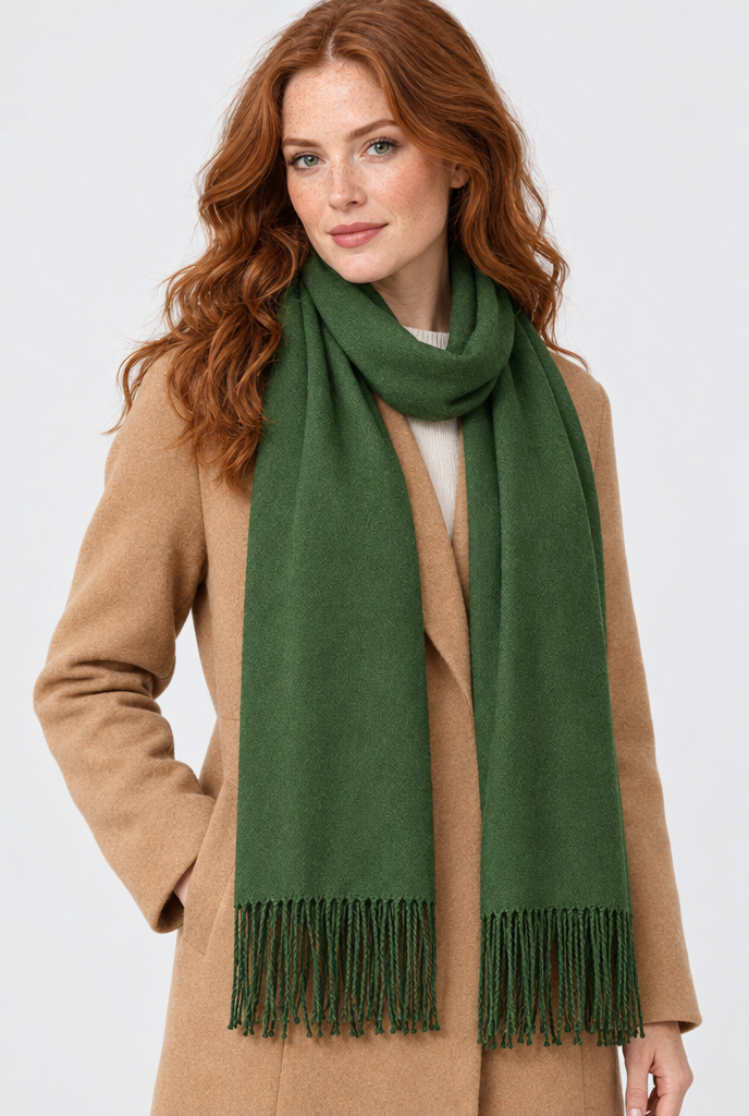 Olive fringe pashmina scarf, worn