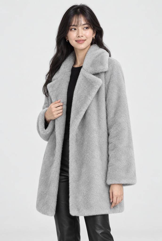 Manteau oversize en fausse fourrure à revers crantés — Gris argent — photo studio