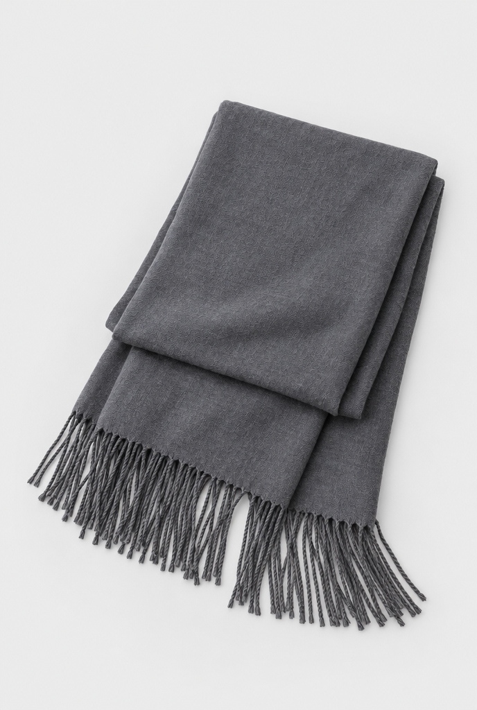 Charcoal fringe pashmina scarf, folded packshot