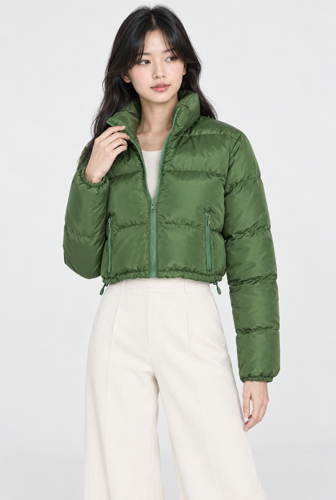 Olive cropped puffer jacket, hero