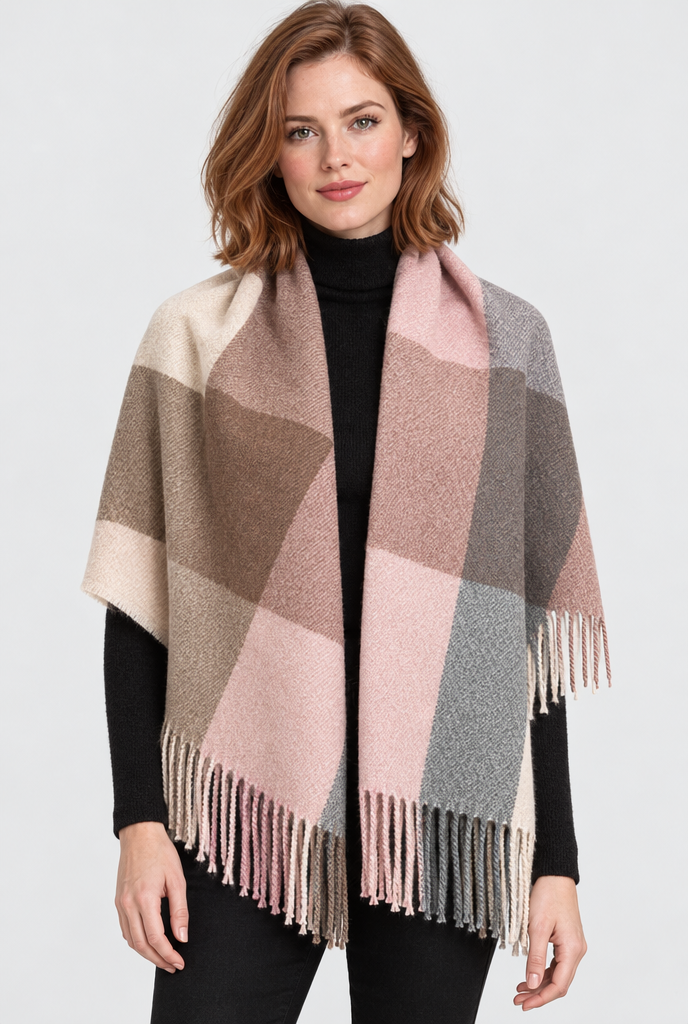 Rose Mocha color-block plaid blanket scarf, worn wide