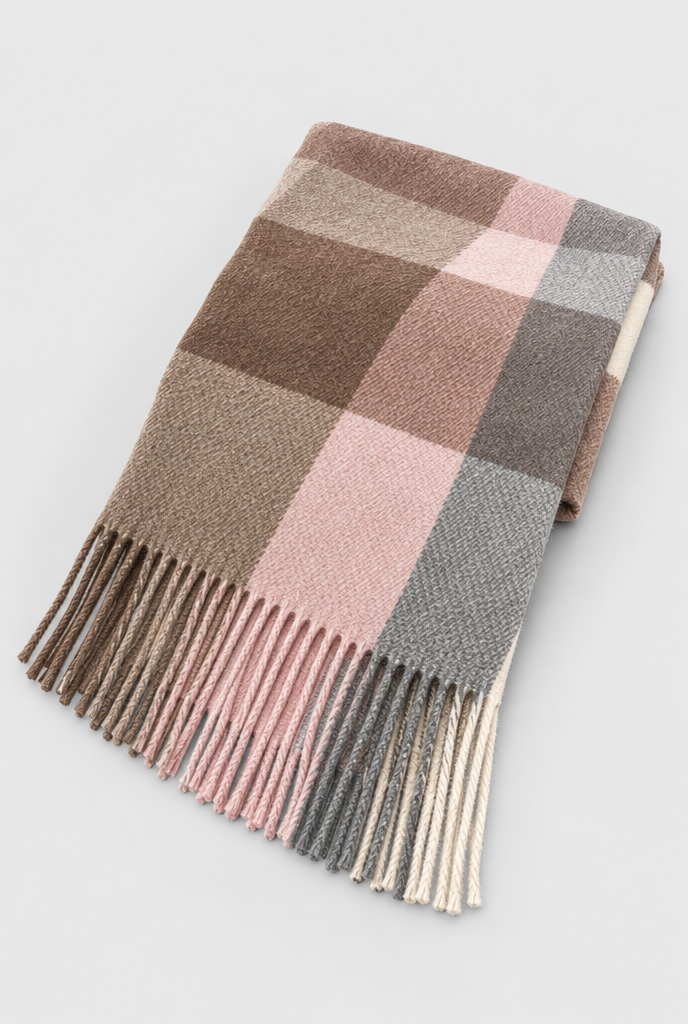 Écharpe plaid à carreaux color block et franges — Rose moka — packshot
