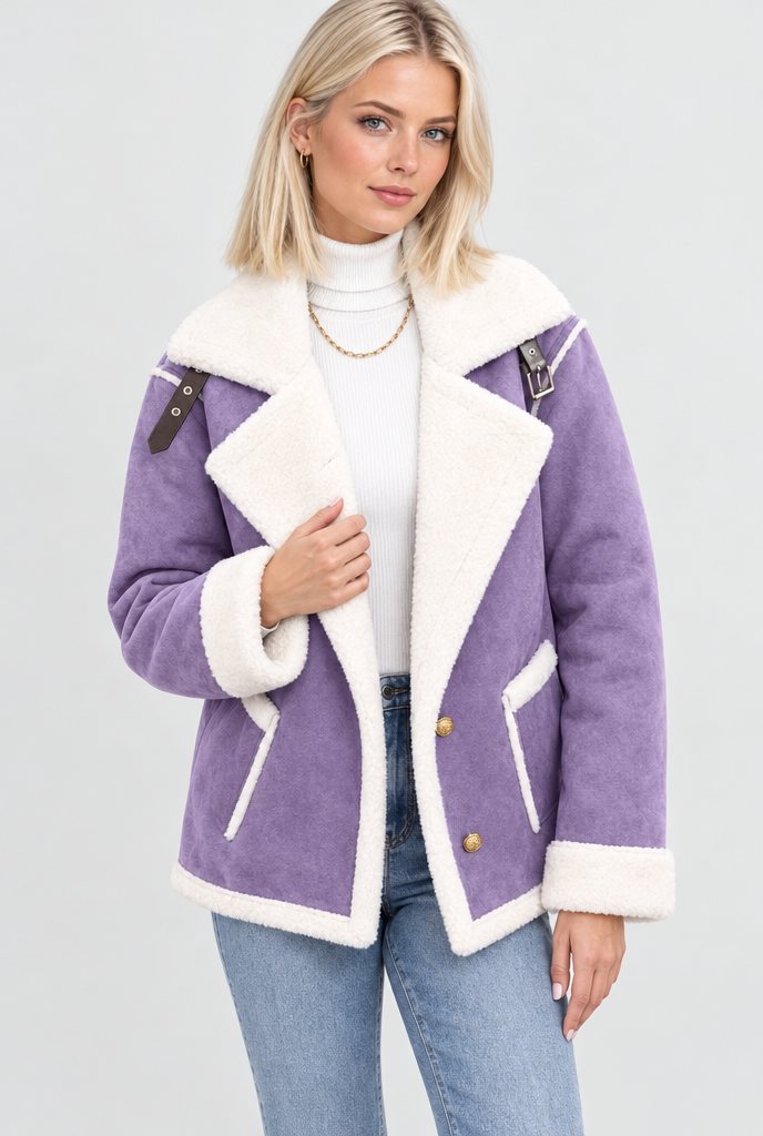 Lavender sherpa-collar faux suede aviator jacket, studio hero