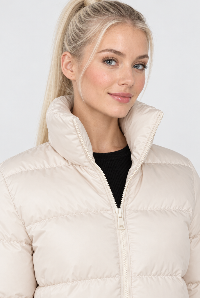 Cream cropped puffer jacket, collar