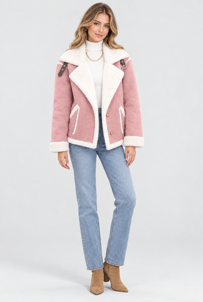 Blush Pink sherpa-collar faux suede aviator jacket, full body