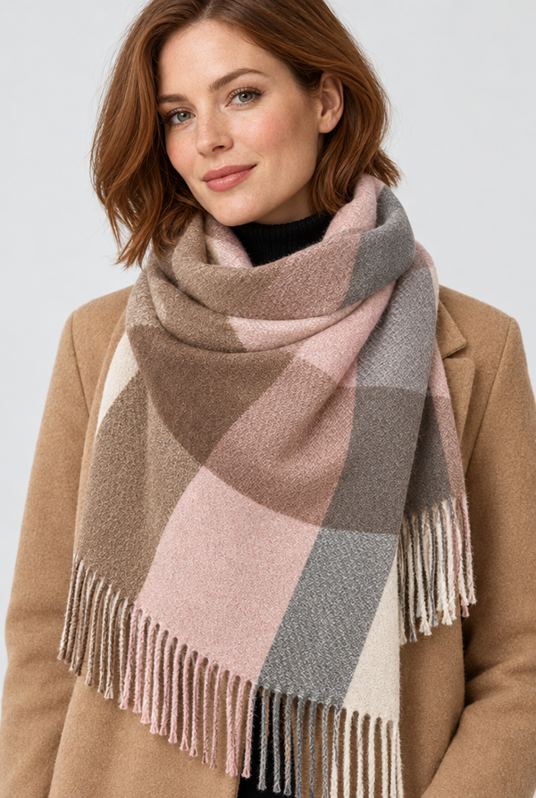 Color-Block Plaid Fringe Blanket Scarf