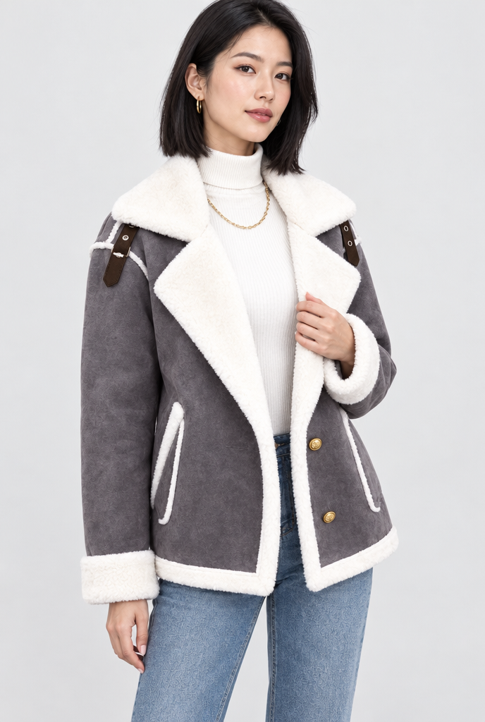 Charcoal sherpa-collar faux suede aviator jacket, studio hero
