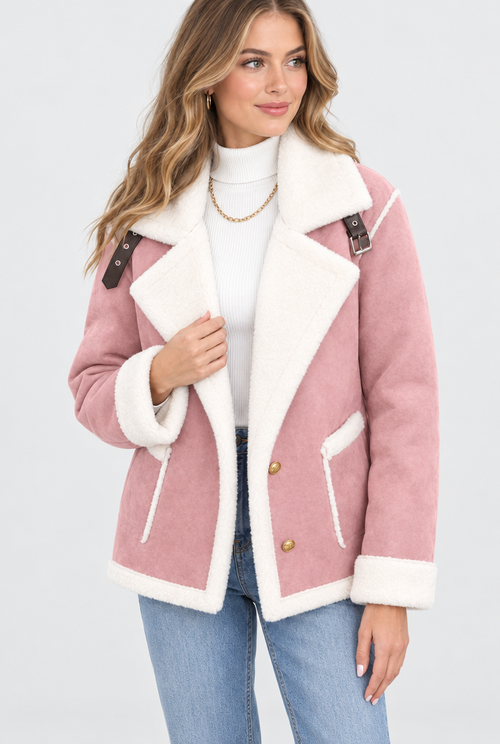 Blush Pink sherpa-collar faux suede aviator jacket, studio hero