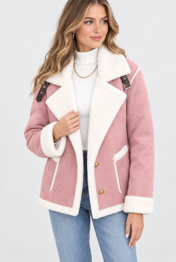 Sherpa-Collar Faux Suede Aviator Jacket