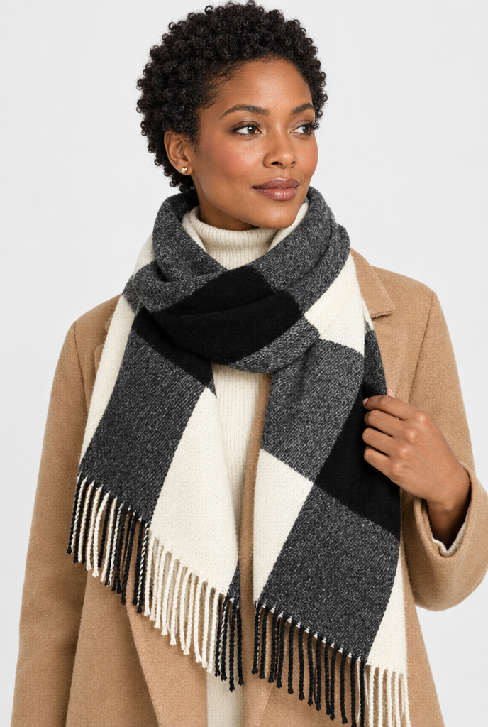 Black & Ivory color-block plaid blanket scarf, hero