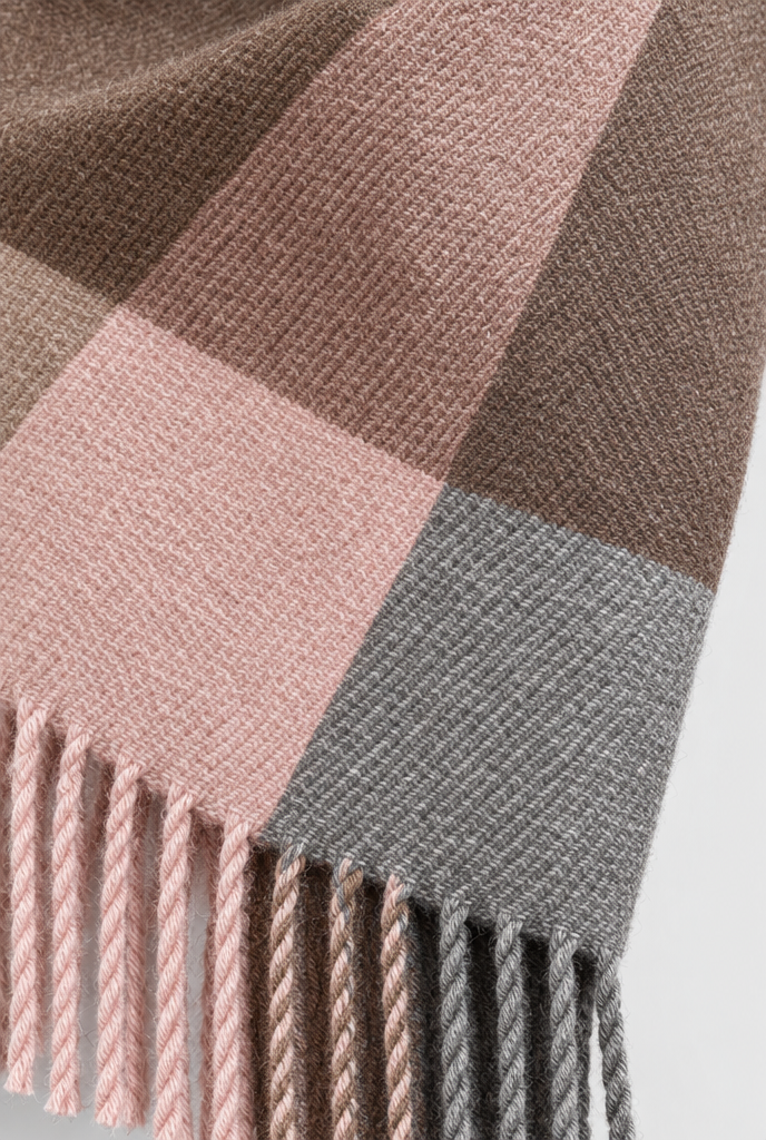 Écharpe plaid à carreaux color block et franges — Rose moka — gros plan matière