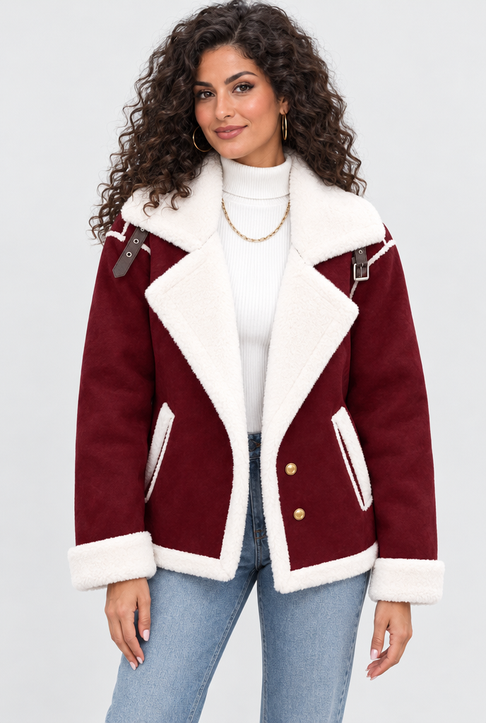 Blouson aviateur en suédine à col façon sherpa — Bordeaux — photo studio