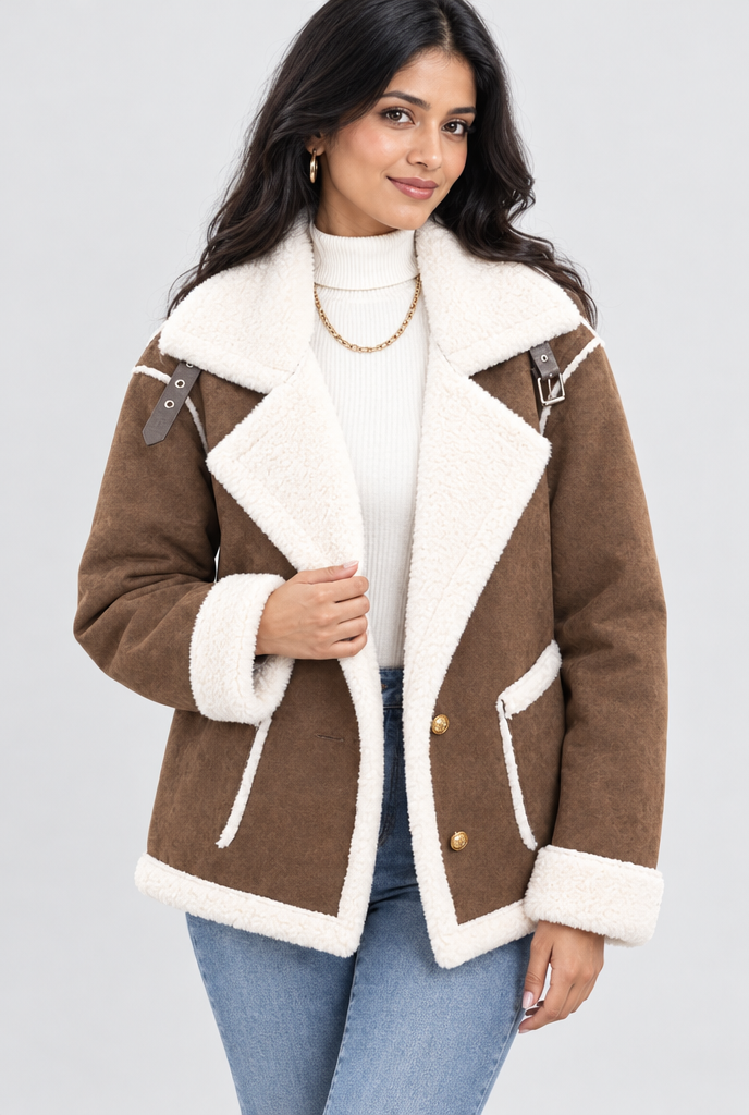 Mocha sherpa-collar faux suede aviator jacket, studio hero