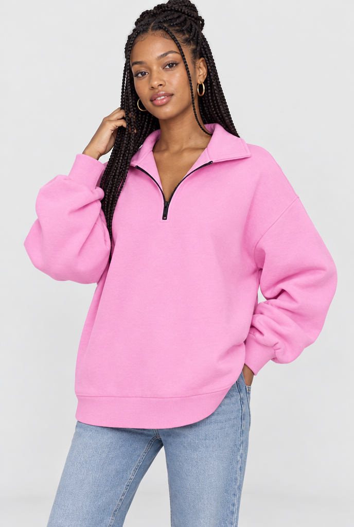 Sweat oversize à col demi-zip — Rose bonbon — photo studio