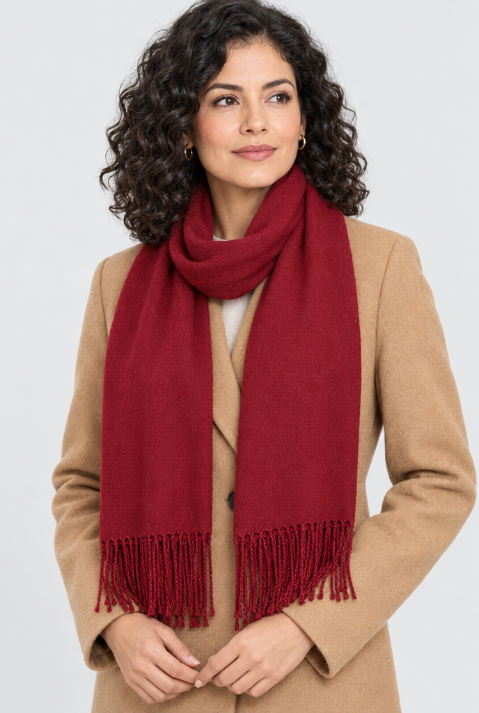 Burgundy fringe pashmina scarf, worn
