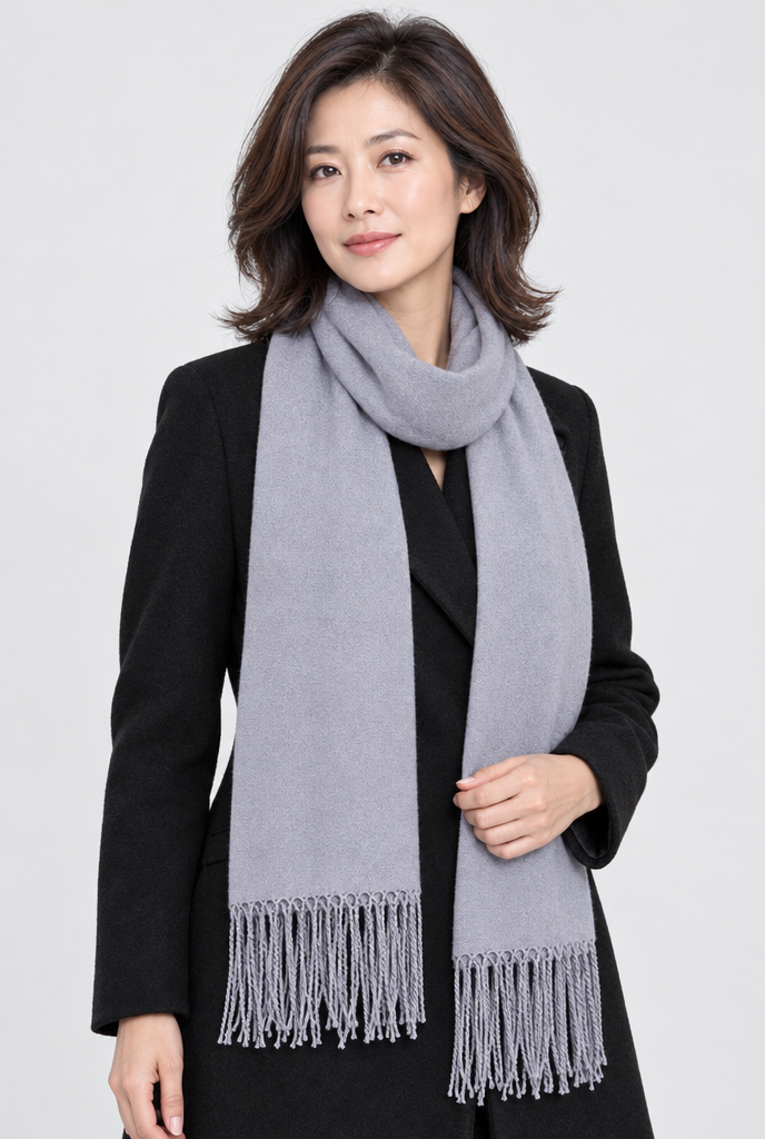 Silver Grey fringe pashmina scarf, worn
