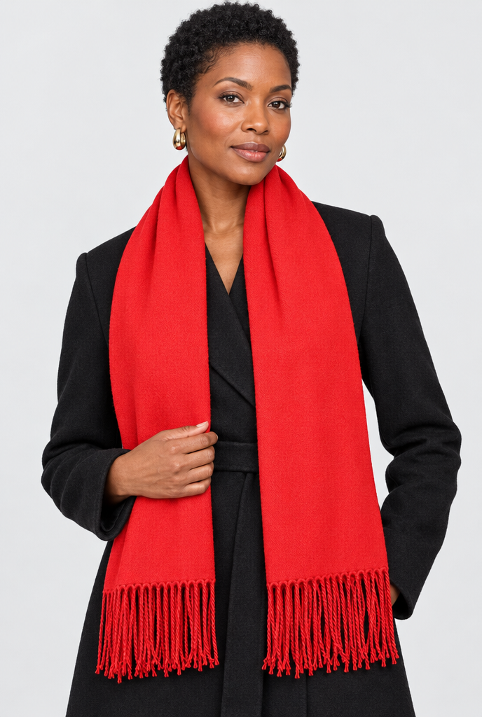 Red fringe pashmina scarf, worn