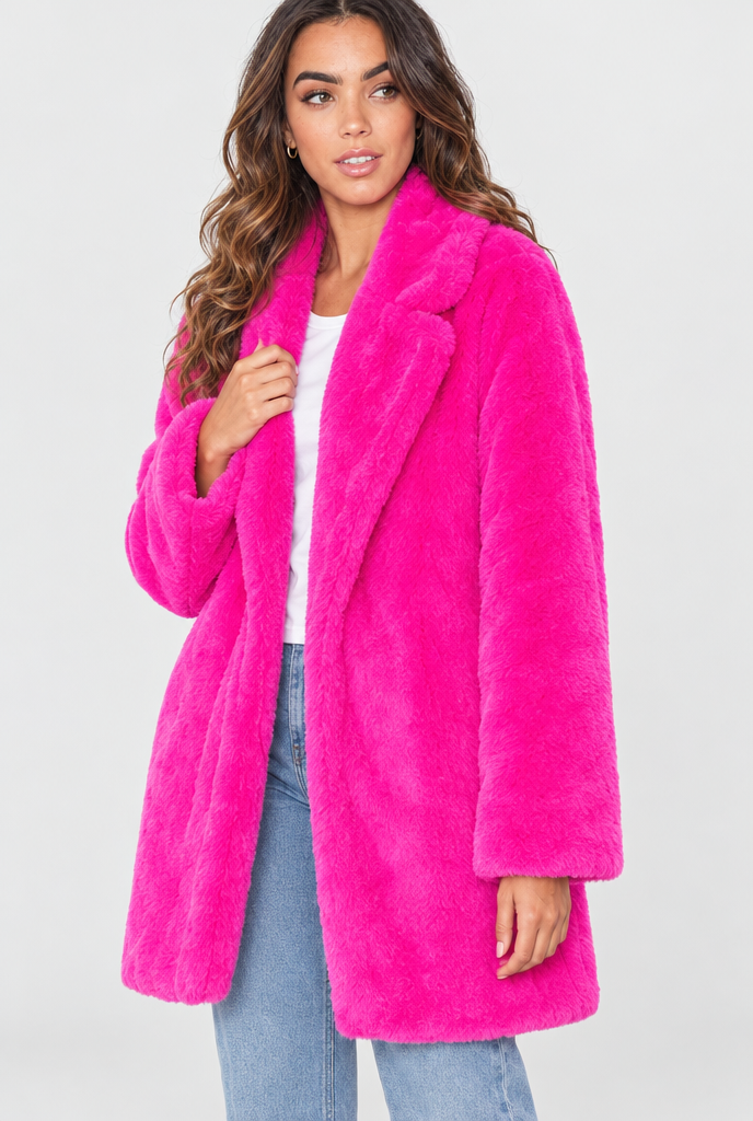 Hot Pink oversized plush faux fur coat, studio hero