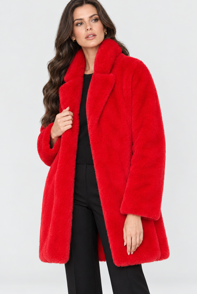 Red oversized plush faux fur coat, studio hero
