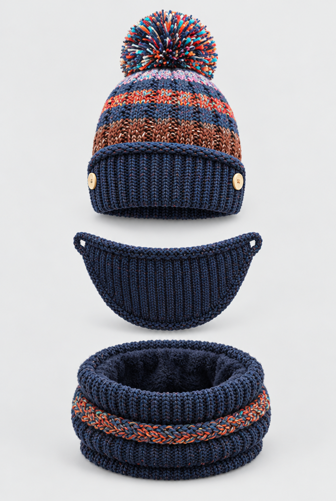 Ensemble bonnet à pompon, tour de cou et cache-visage — Marine — packshot