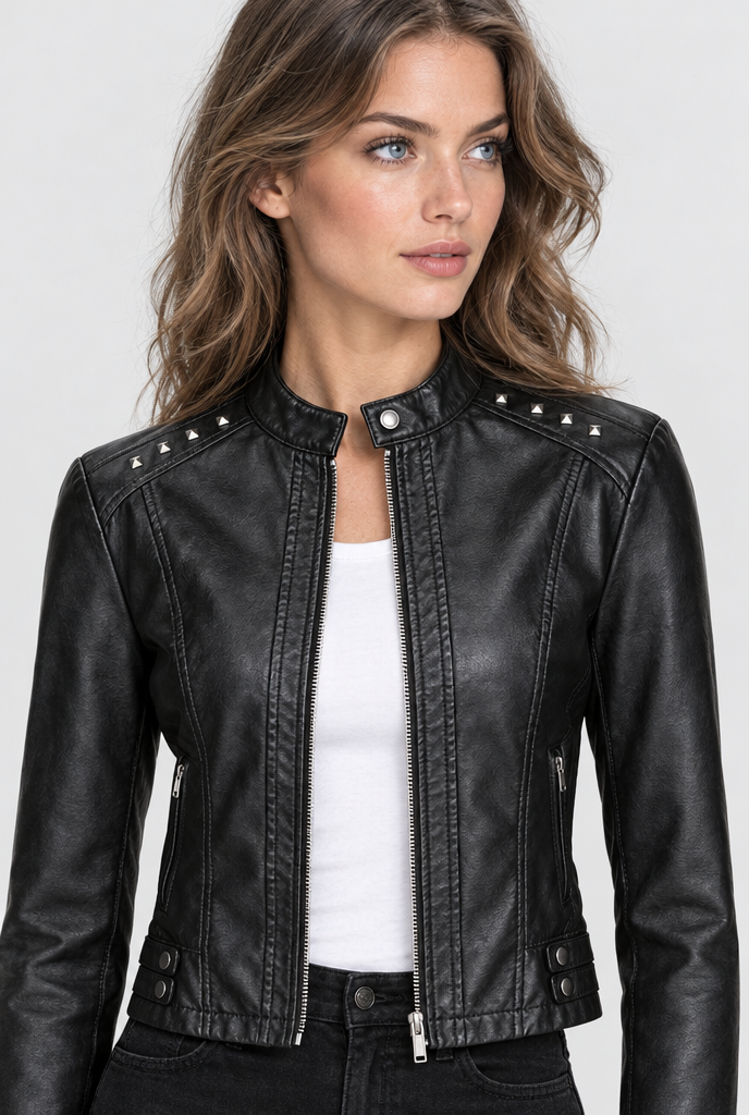 Blouson motard clouté col montant en simili cuir — Noir — détail du col