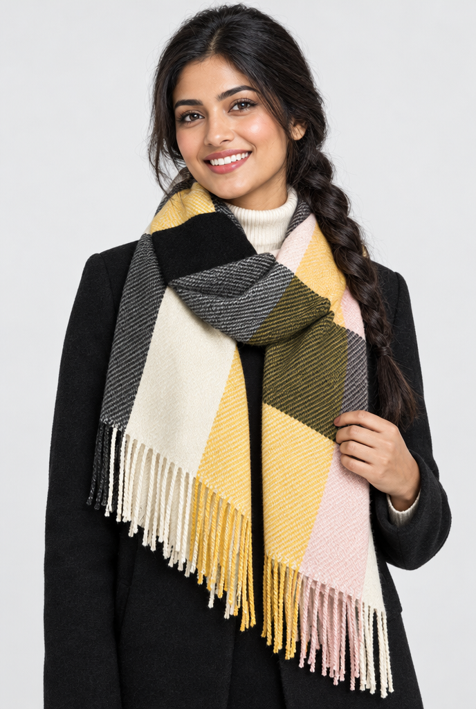 Black & Mustard color-block plaid blanket scarf, hero