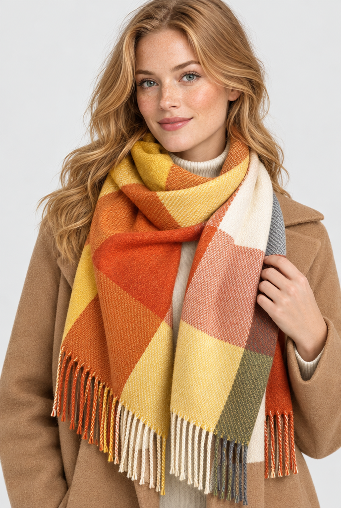 Sunset Orange color-block plaid blanket scarf, hero