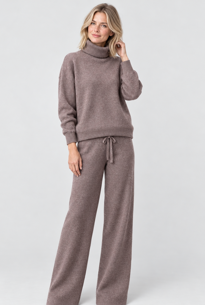 Mauve Taupe turtleneck knit wide-leg set, studio hero